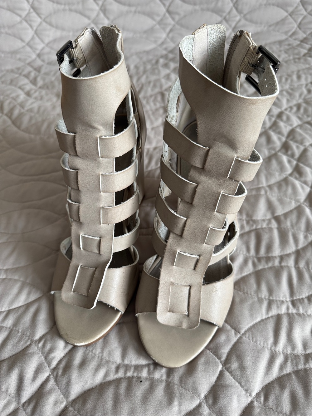 Women's Strappy Cutout High Heel Sandals in Light Beige